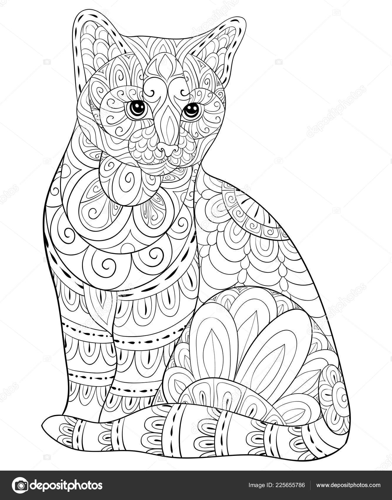 Download Adult Coloring Book Page Cute Cat Image Relaxing Zen Art Vector Image By C Nonuzza Vector Stock 225655786