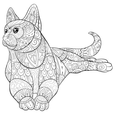 Yetişkin boyama kitabı, sayfa için rahatlatıcı bir şirin kedi resim. Zen sanat stil illüstrasyon baskı için. Afiş tasarımı.