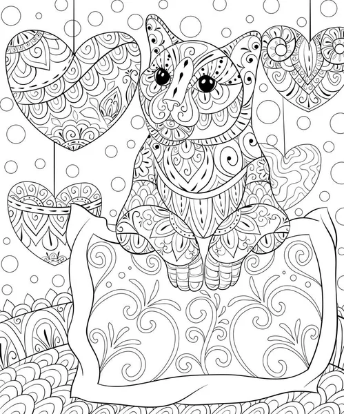 Adult coloring book,page a cute little cat with christmas decoration balls image for relaxing.Zen art style illustration for print.Poster design.