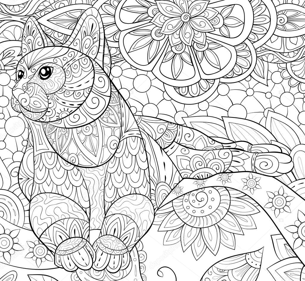 Adult coloring book,page a cute cat image for relaxing.Zen art style illustration for print.Poster design.