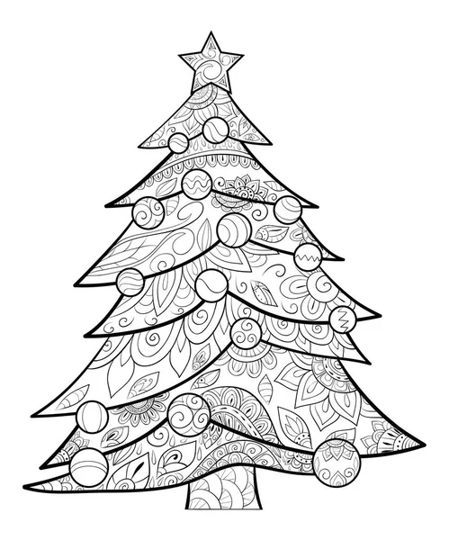 一个圣诞冷杉树与装饰球和明星就可以为成年人提供放松的活动 禅宗艺术风格插画 海报设计 — 图库矢量图片