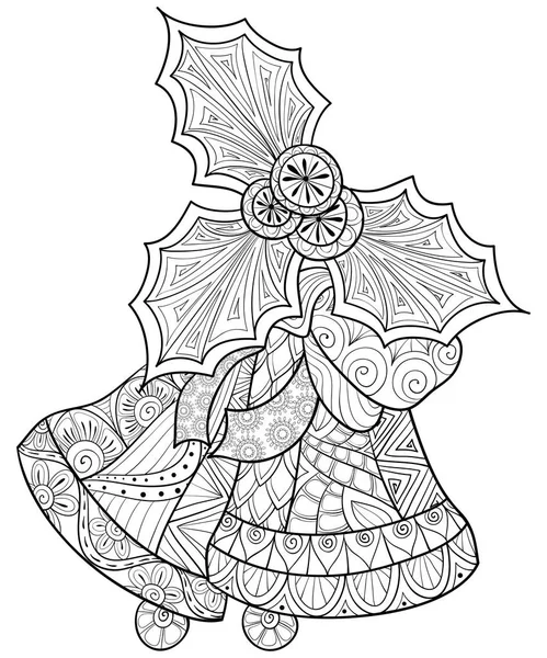 Adult coloring book, page the Christmas bells with leaves, bow and — стоковый вектор