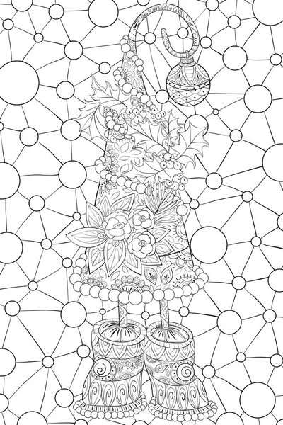 Livre de coloriage adulte, page un sapin de Noël avec des bottes sur le — Image vectorielle