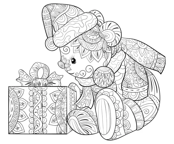 Adult coloring book,page a cute little bear wearing a Christmas — Stock Vector
