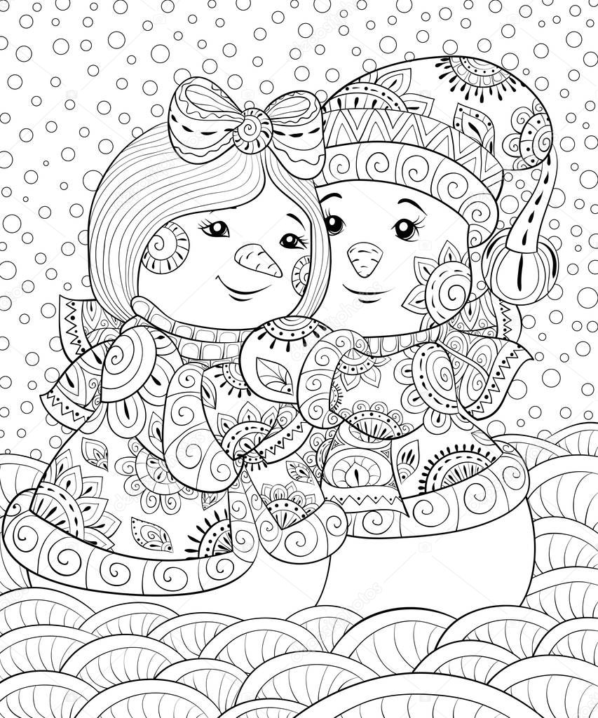 A pair of snowmen wearing a Christmas cap,scarf,gloves and waistcoat on the background with snowflakes image for adults,zen art style illustration for relaxing activity.Poster design.