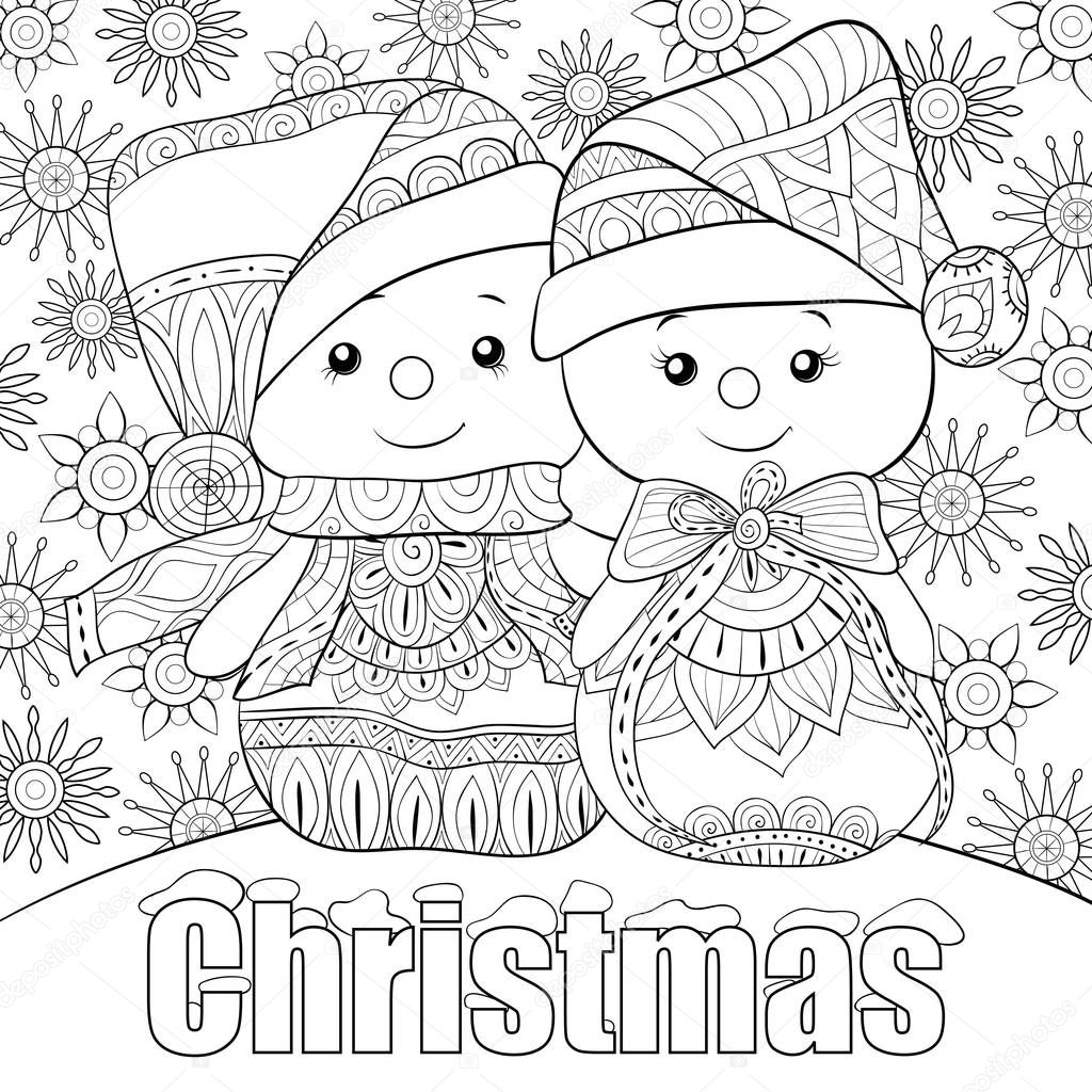 A pair of snowmen wearing a Christmas cap  on the abstract background with snowflakes image for adults.Zen art style illustration for relaxing.Poster design for print.