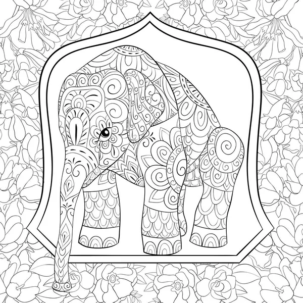 Ein Netter Elefant Einem Rahmen Auf Dem Hintergrund Mit Blumen — Stockvektor