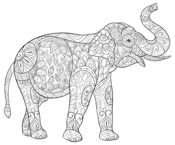A cute elephant with ornaments image for adults.Zen art style illustration for relaxing activity.Poster design for print.