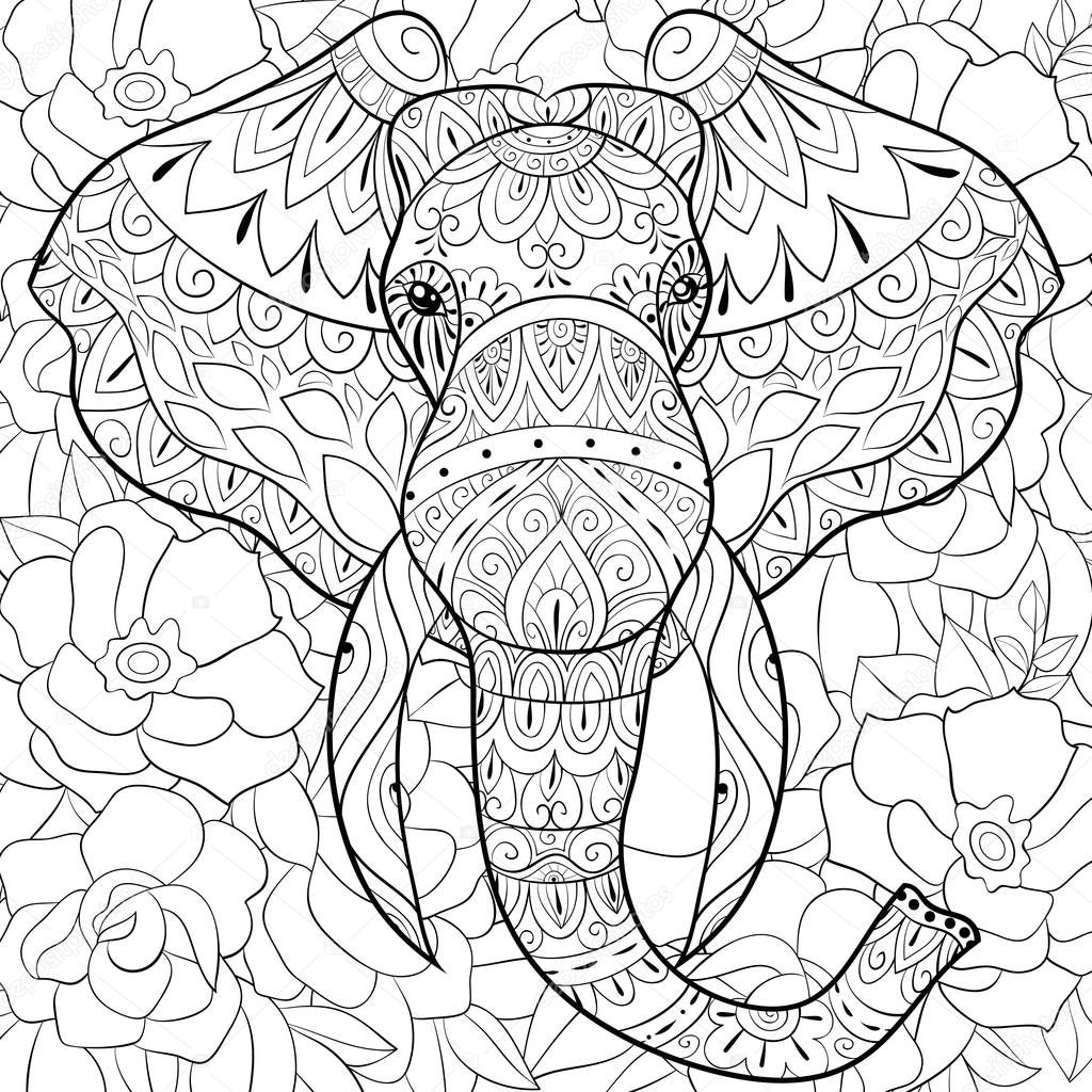 A head of elephant with zen ornaments on the floral background image for adults for relaxing activity.Zen art style illustration for print.Poster design.