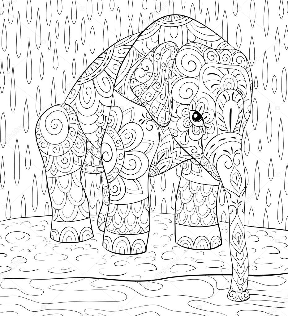 A cute elephant near the water on the background image for adults for relaxing activity.Zen art style illustration for print.Poster design.