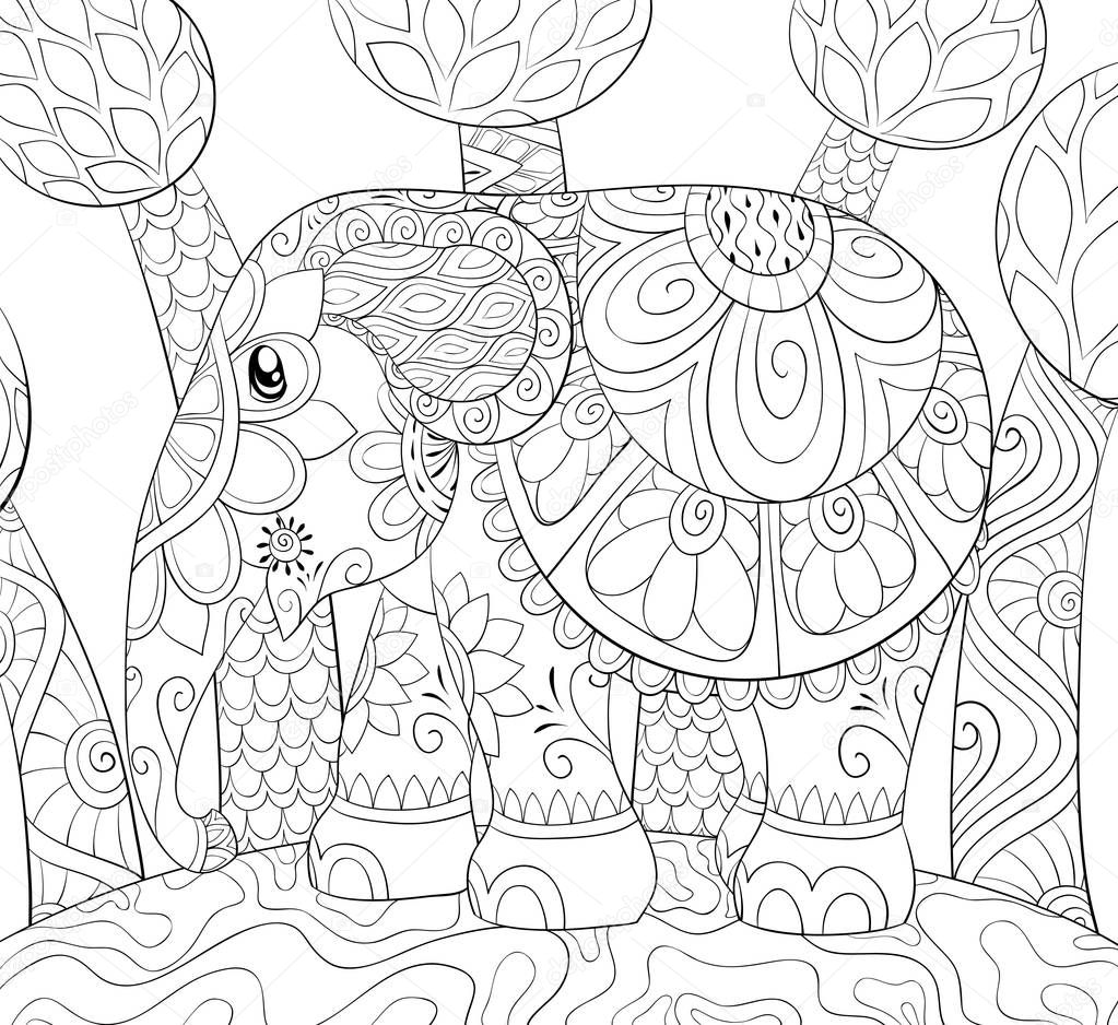 A cartoon elephant with ornaments  on the background with trees image for adults for relaxing activity.Zen art style illustration for print.Poster design.