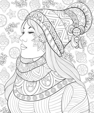 Bir Noel kap ve eşarp süsler ile yetişkinler için arka plan dekorasyon topları görüntü ile üzerinde giyen sevimli bir kız. Zen sanat stil illüstrasyon rahatlamak için etkinlik. Afiş tasarımı için yazdırma.