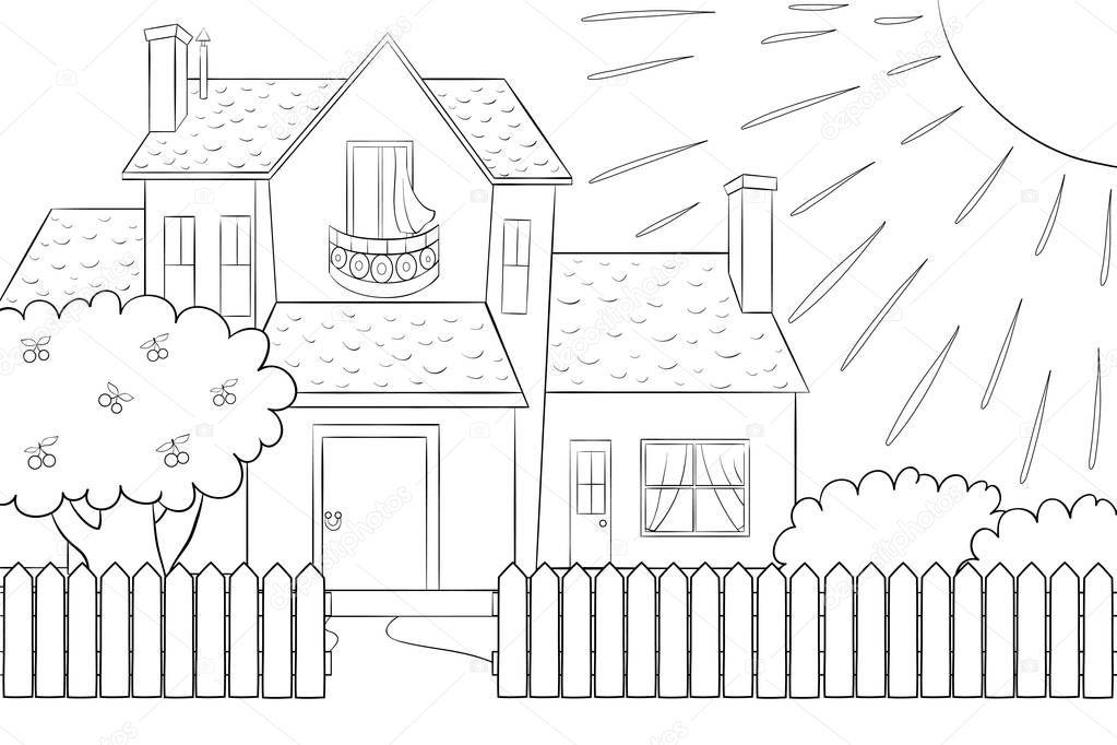 A cute house with tree,bushes,fence and sun image for children for relaxing activity.Line art style illustration for print.Poster design.
