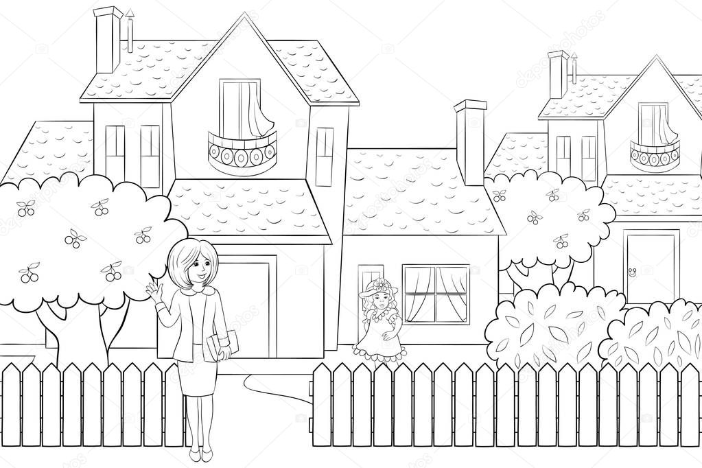 A cute teacher and little girl in front of house with trees,bushes and fence image for children.Line art style illustration for relaxing activity.Poster design for print.