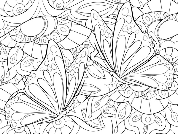 Abstraktní Květinové Pozadí Motýli Obrázek Pro Dospělé Zbarvení Boo Stránky — Stockový vektor