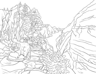 A nature landscape with a ratton,mountains and trees image for adults.Line art style illustration for print.A coloring book,page for relaxing activity.Poster design. clipart
