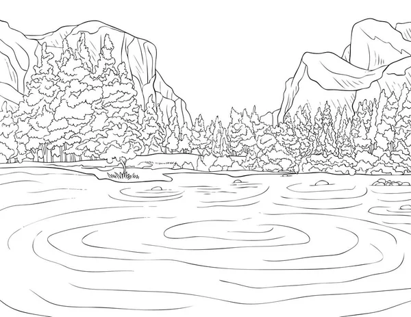 Paesaggio Naturale Con Montagne Immagine Del Lago Adulti Illustrazione Stile — Vettoriale Stock