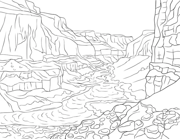 Природний Пейзаж Горами Зображенням Річки Дорослих Ілюстрація Стилі Лінії Мистецтва — стоковий вектор