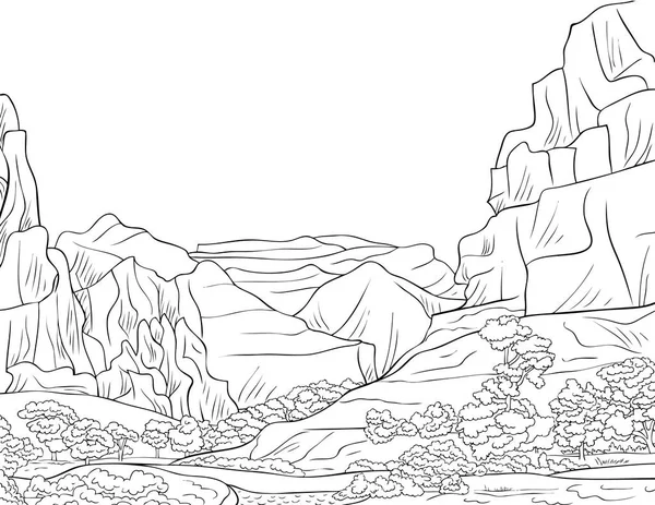 Paesaggio Naturale Con Montagne Alberi Immagine Fluviale Adulti Illustrazione Stile — Vettoriale Stock