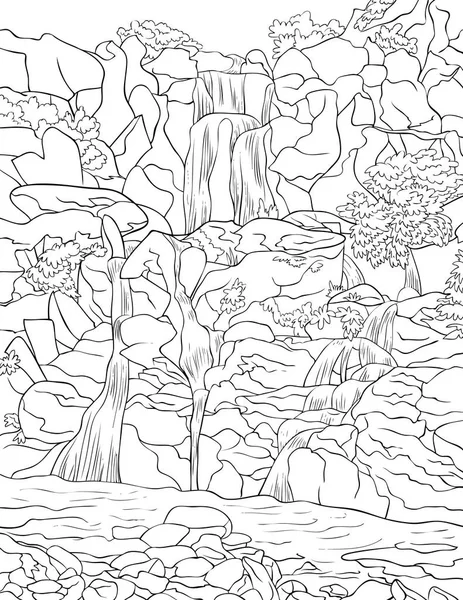 Přírodní Krajina Obrazem Cascade Kameny Keři Pro Dospělé Line Art — Stockový vektor