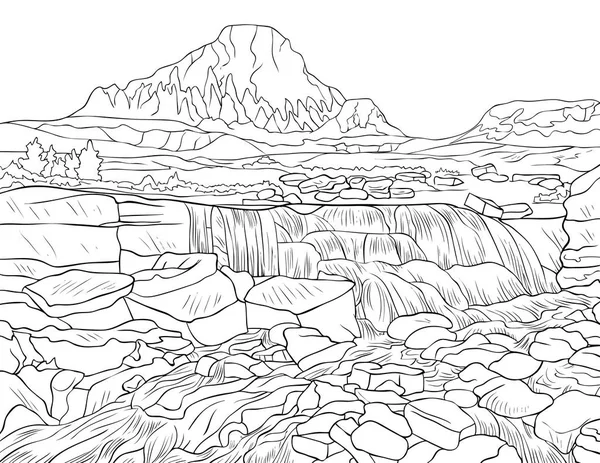 Přírodní Krajina Obrazem Cascade Kameny Stromy Pro Dospělé Line Art — Stockový vektor