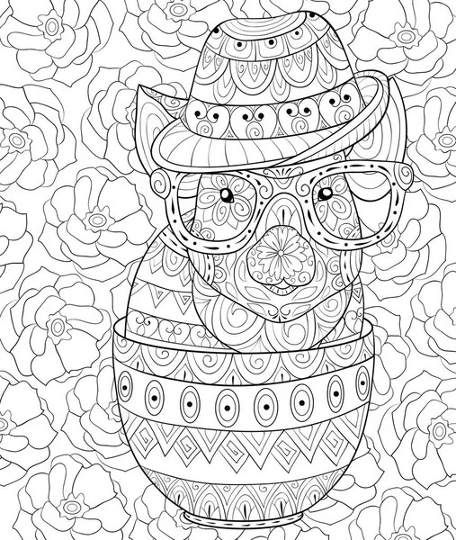 大人のための花の背景画像の装飾でカップで帽子とメガネを着てかわいいブタ 塗り絵 リラックスのページ活動 印刷用禅アート スタイルの図 — ストックベクタ