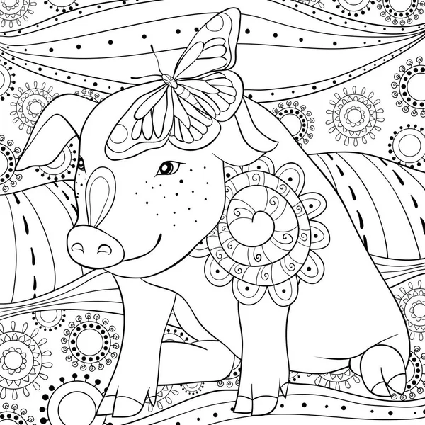 Cute Pig Butterfly His Ear Abstract Background Image Adults Coloring — Stock Vector