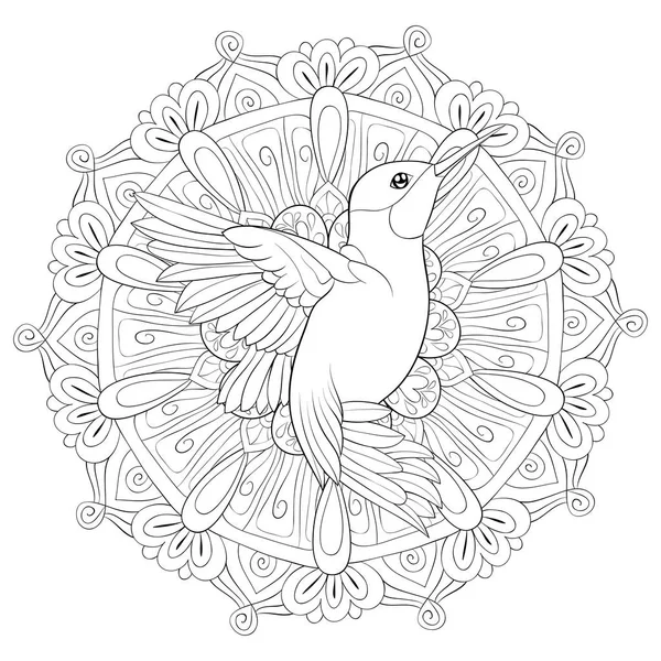 Zen Mandala Hummingbird Image Adults Coloring Book Page Relaxing Activity — стоковый вектор