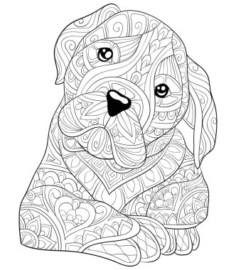 Yetişkinler için süsler görüntü ile şirin bir köpek. Zen sanat stil illüstrasyon rahatlamak için etkinlik. Bir boyama kitabı, sayfa baskı için. Afiş tasarımı.