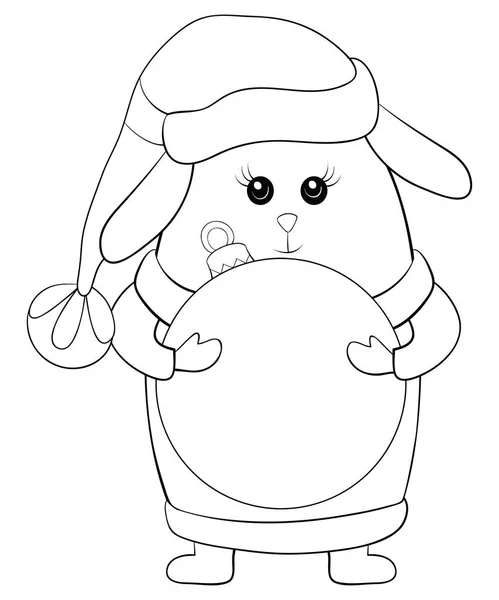 大人と子供のためのクリスマス キャップ ベスト デコレーション ボール イメージのブーツを着て漫画のウサギ 塗り絵 リラックスのページ活動 ライン アート — ストックベクタ