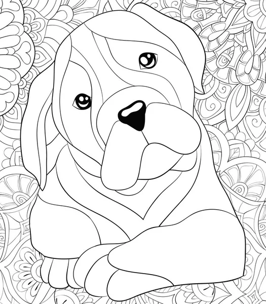 Cute Dog Abstract Floral Background Image Adults Coloring Book Page — Stock Vector