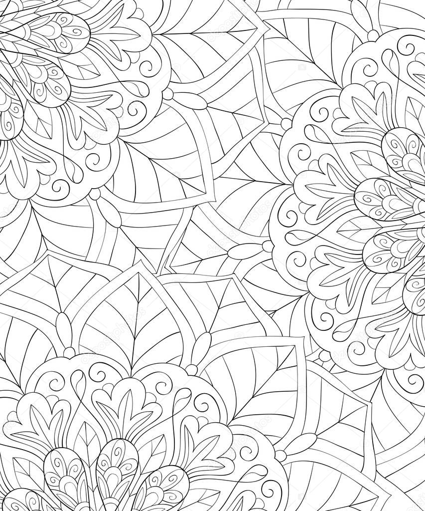 An abstract floral background image for adults.A coloring boo,page for relaxing activity.Zen art style illustration for print.Poster design.
