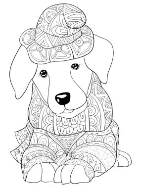 Bir Noel şapkası rahatlamak için süsler görüntü ile sevimli uyuyan bir köpek. Bir boyama kitabı, sayfa yetişkinler için. Zen sanat stil illüstrasyon baskı için. Afiş tasarımı.