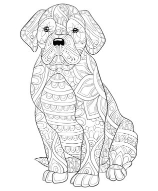 Etkinliği rahatlatmak için süslemeleri olan sevimli bir köpek. Bir boyama kitabı, yetişkinler için bir sayfa. Baskı için Zen sanat tarzı illüstrasyon. Poster tasarımı.