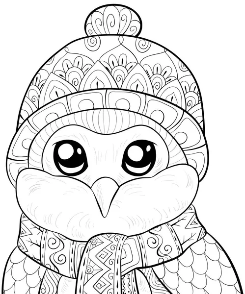 Cute Cartoon Owl Wearing Christmas Cap Scarf Image Adults Coloring — стоковый вектор