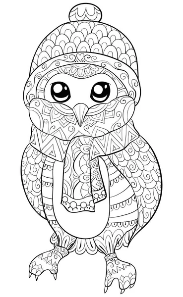 一个可爱的卡通猫头鹰戴着圣诞帽 围巾和成人手套的形象 一本彩色书 一页放松的活动 禅宗艺术风格的插图印刷 海报设计 — 图库矢量图片