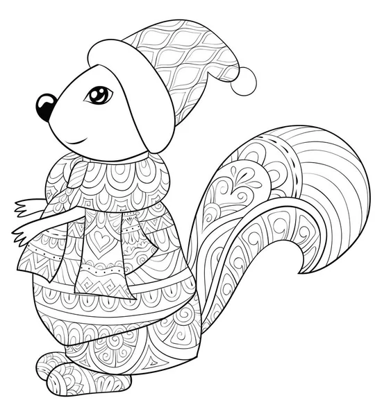 一个可爱的卡通松鼠穿着圣诞帽 毛衣和靴子形象的成年人 一本彩色书 一页放松的活动 禅宗艺术风格的插图印刷 海报设计 — 图库矢量图片