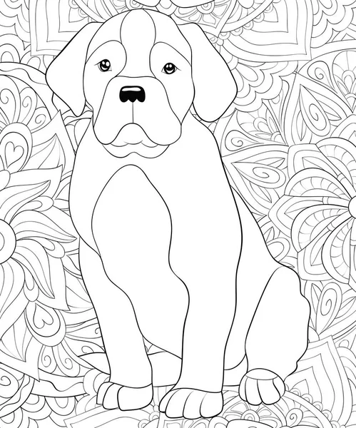 A cute dog on the floral abstract background with ornaments image for relaxing activity.A coloring book,page for adults.Zen art style illustration for print.Poster design.