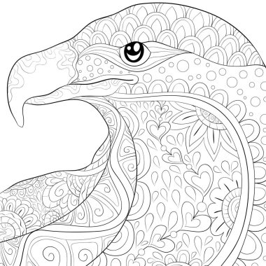 Rahatlamak için sevimli bir kartal resmi başı. Bir boyama kitabı, yetişkinler için bir sayfa. Baskı için Zen sanatı çizimi. Poster tasarımı.