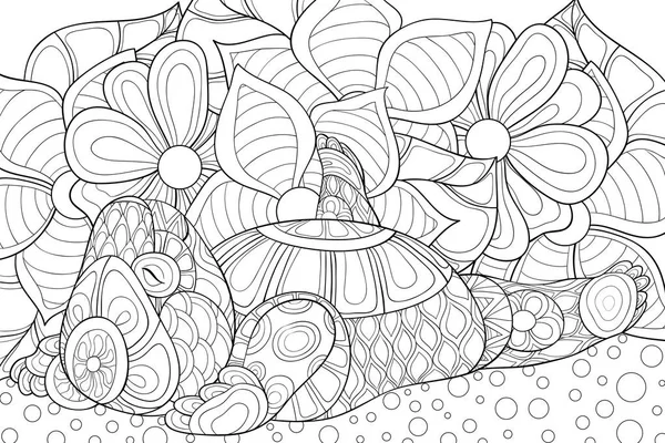 リラックスしたアクティビティのための花の抽象的な背景画像にかわいいクマ ぬり絵 大人のためのページ — ストックベクタ