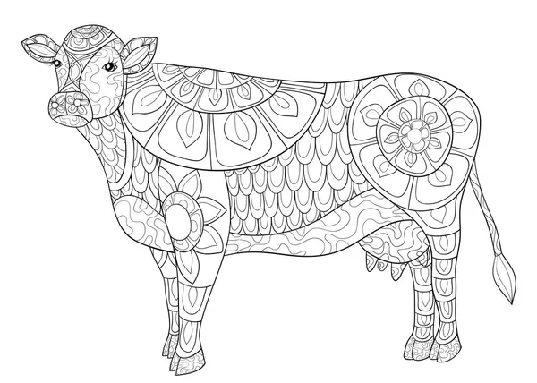 Μια Χαριτωμένη Αγελάδα Στολίδια Εικόνα Για Χαλάρωση Activity Βιβλίο Ζωγραφικής — Διανυσματικό Αρχείο
