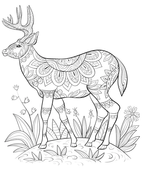 Cute Deer Big Horns Field Image Relaxing Coloring Book Page — стоковый вектор