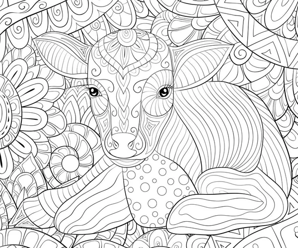 Cute Calf Abstract Background Ornaments Image Relaxing Activity Coloring Book — Stock Vector