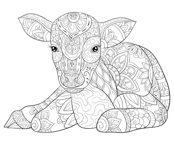 一只可爱的小牛犊 上面有装饰图案 用来放松身心 一本彩色的书 上面有关于通奸的页面 印刷用的Zen艺术风格插图 海报设计 — 图库矢量图片