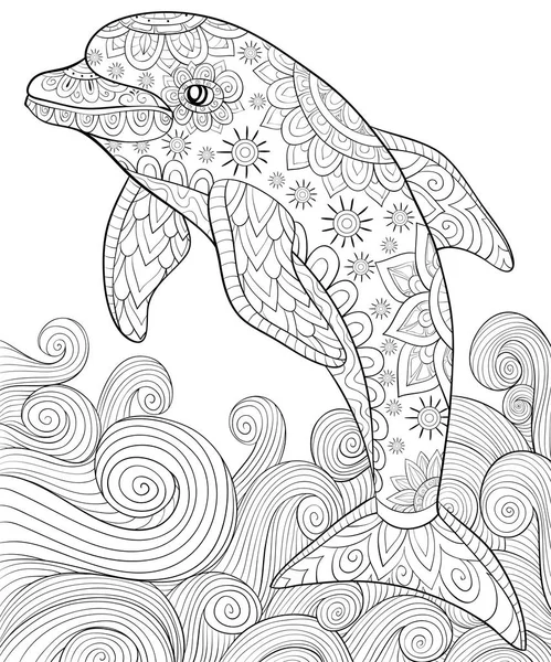 Cute Dolphin Ornaments Waves Image Relaxing Coloring Book Page Adults — Stock Vector