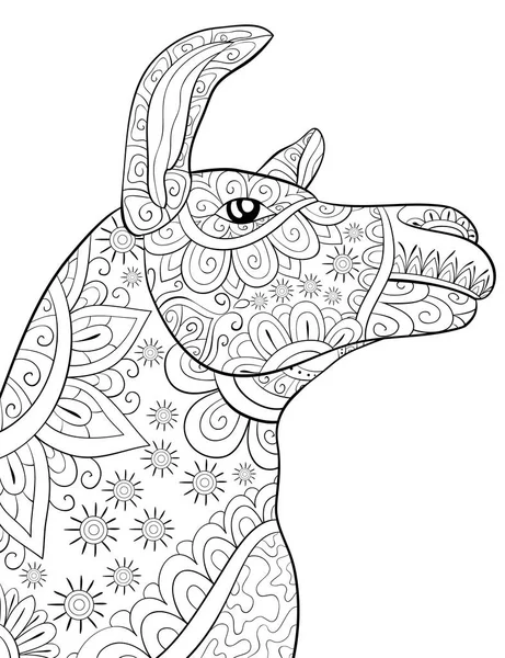 Cute Head Lama Ornaments Image Relaxing Activity Coloring Book Page — Stock Vector