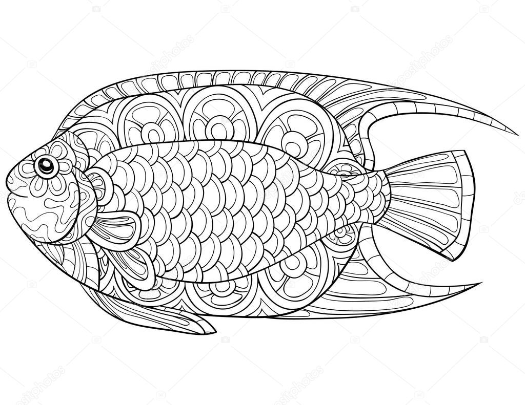 A cute fish with ornaments  image for relaxing activity.A coloring book,page for adults.Zen art style illustration for print.Poster design.