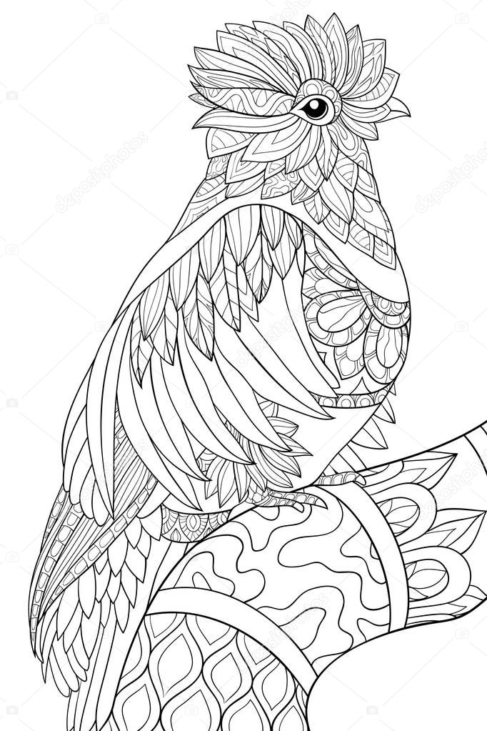 A cute bird on the brunch with ornaments image for relaxing activity.A coloring book,page for adults.Zen art style illustration for print.Poster design.