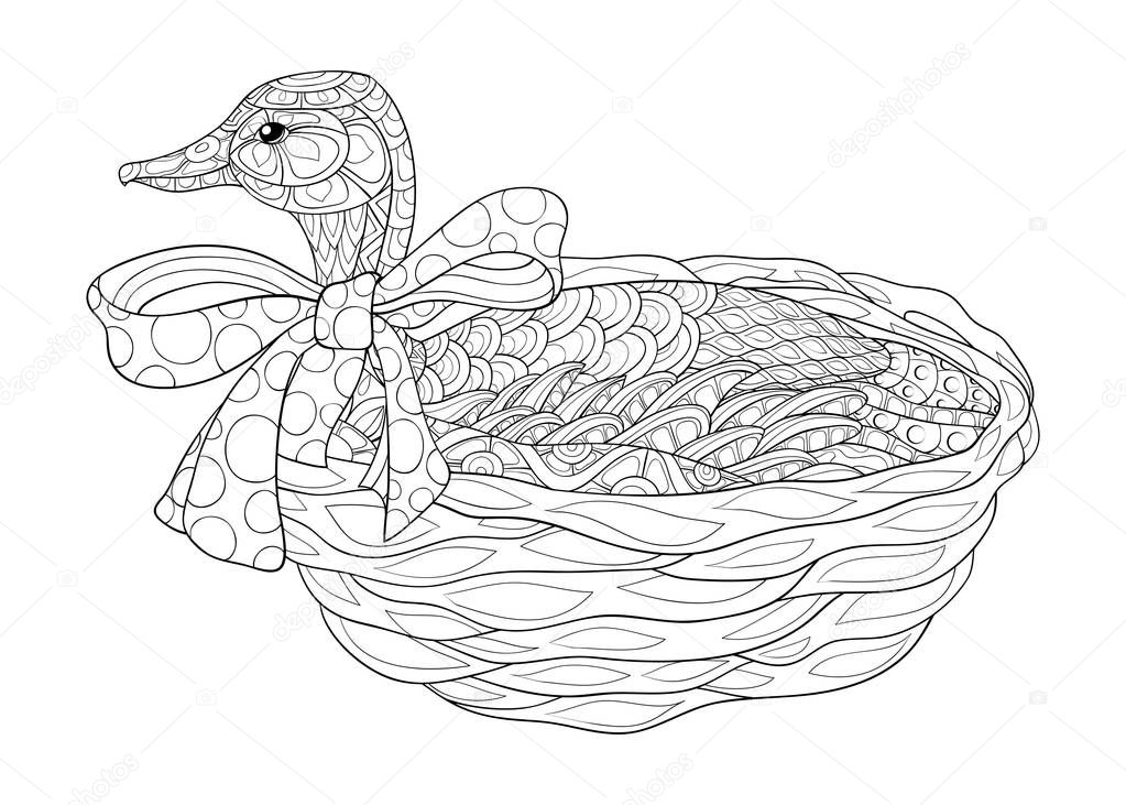 A cute duck in the basket  image for relaxing activity.A coloring book,page for adults.Zen art style illustration for print.Poster design.