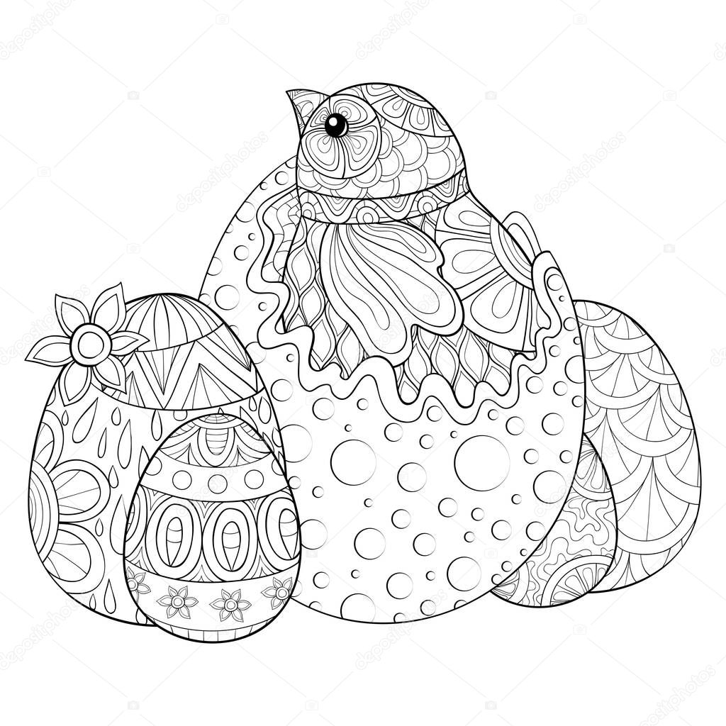A cute chik in the egg  image for relaxing activity.A coloring book,page for adults.Zen art style illustration for print.Poster design.